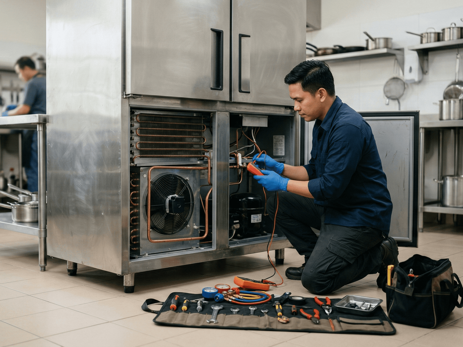 Professional refrigerator repair technician servicing commercial unit