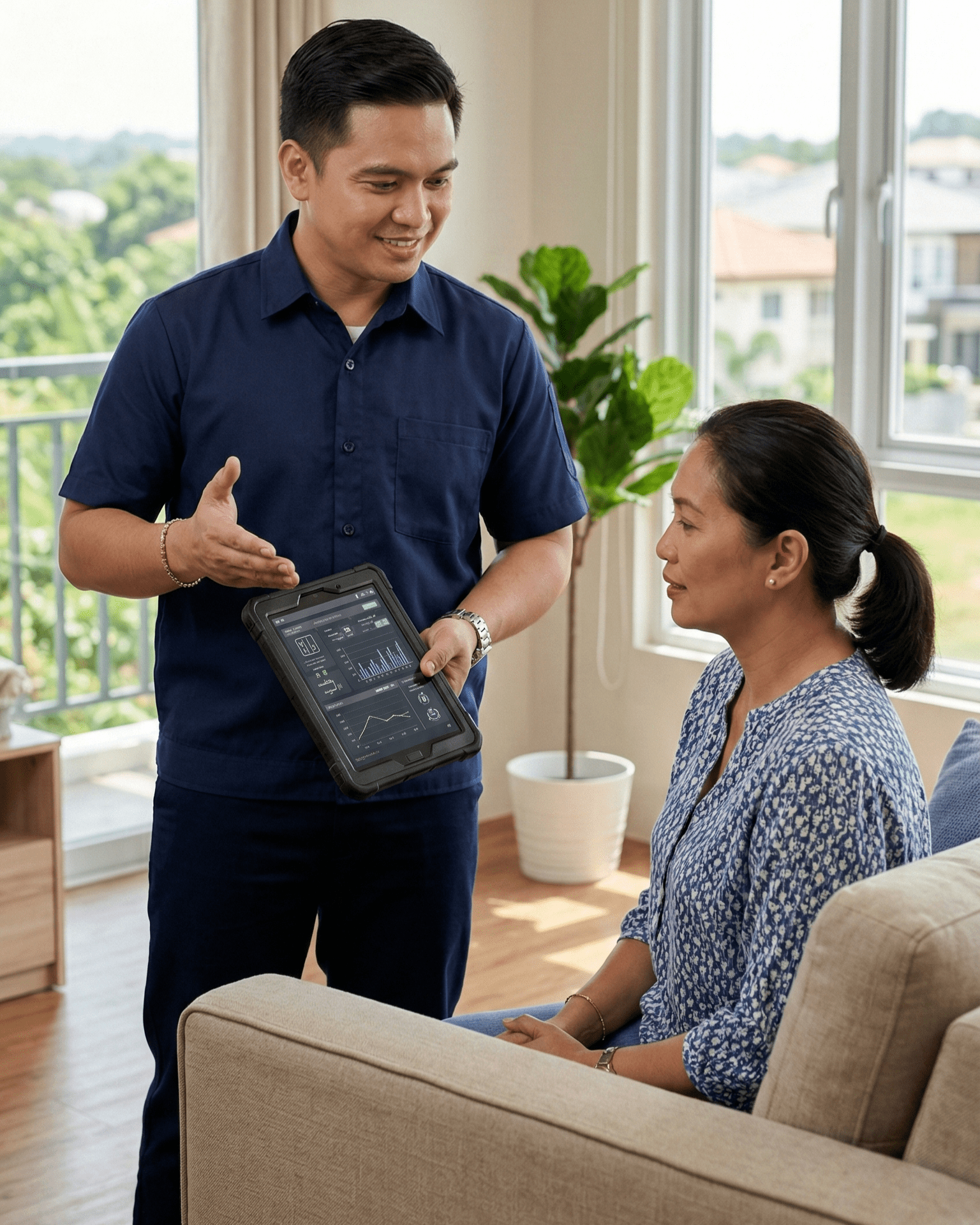 Filipino aircon technician explaining preventive maintenance details to a condominium client in Laguna, Philippines.