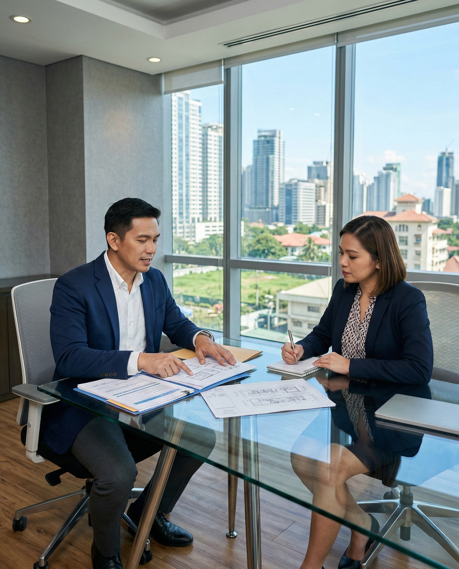 Nupon aircon services specialist presenting HVAC maintenance proposal during office meeting in Manila, Philippines.