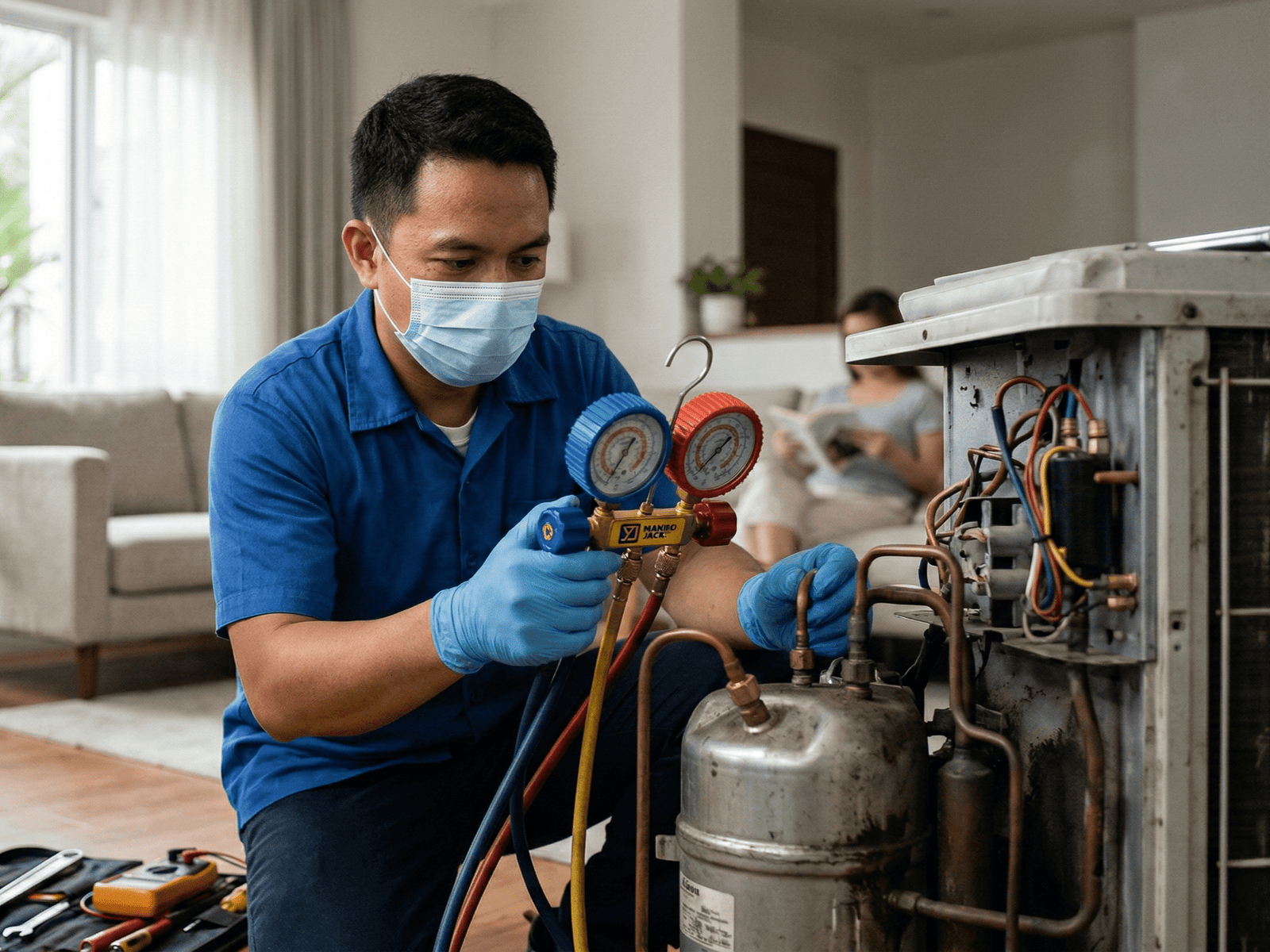Filipino HVAC technician performing aircon repair in a residential setting, inspecting the compressor and refrigerant system.