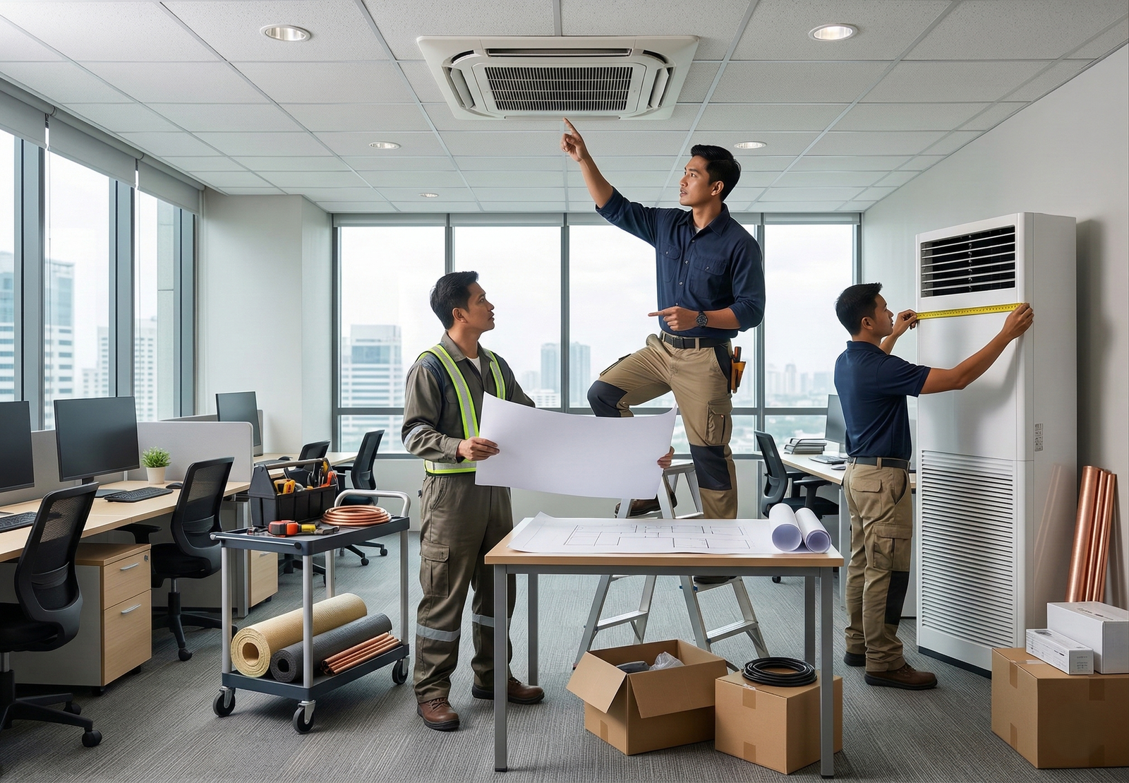 Filipino technicians planning aircon installation in an office space, reviewing installation plans and discussing the details in a professional setting.