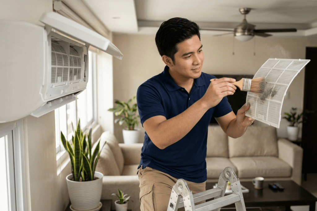 Filipino technician cleaning the aircon filter in a modern living room.