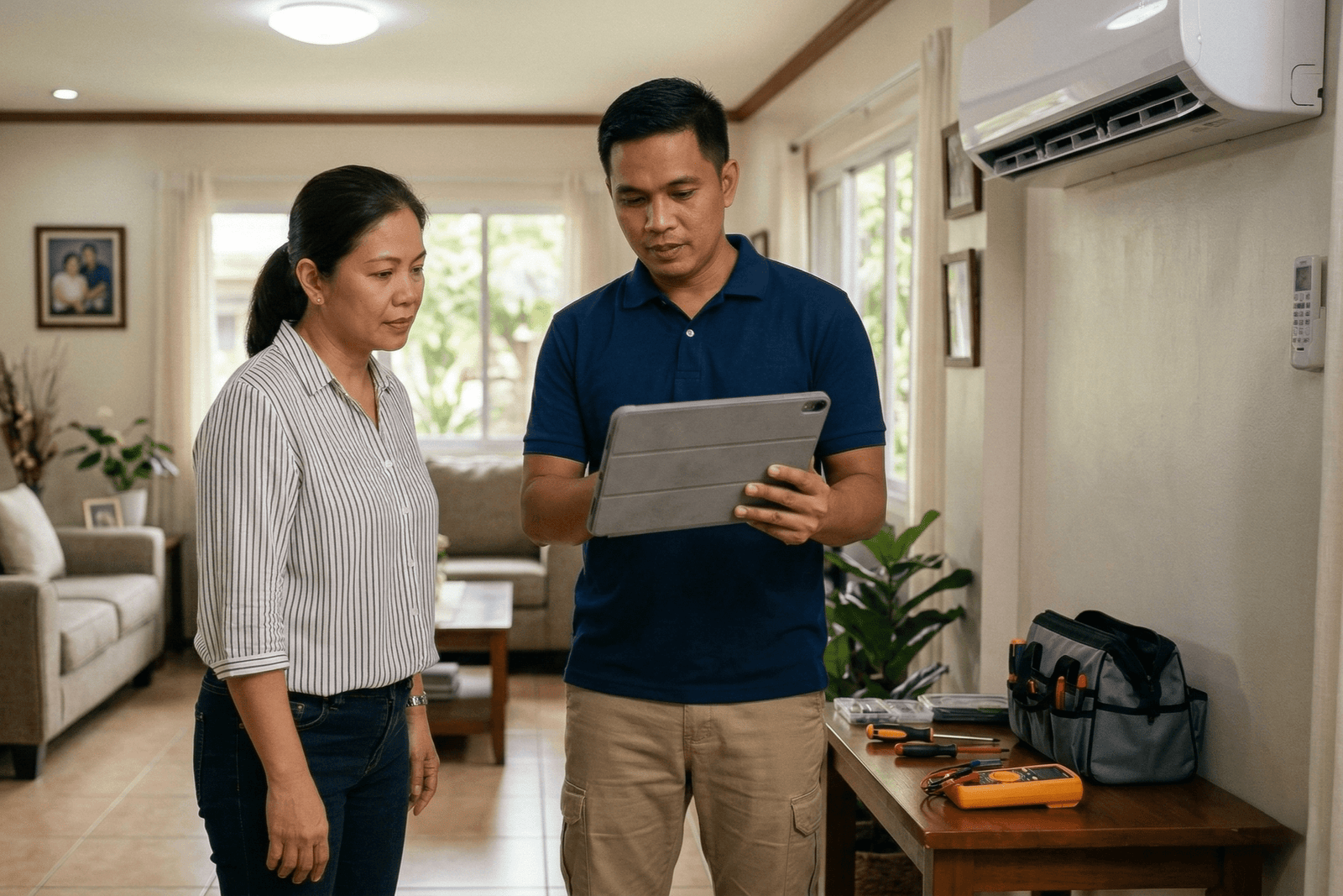 Filipino technician and client discussing aircon maintenance services.