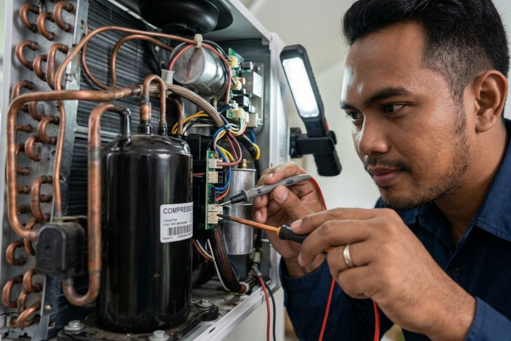 Filipino technician inspecting an aircon's compressor or circuit board.