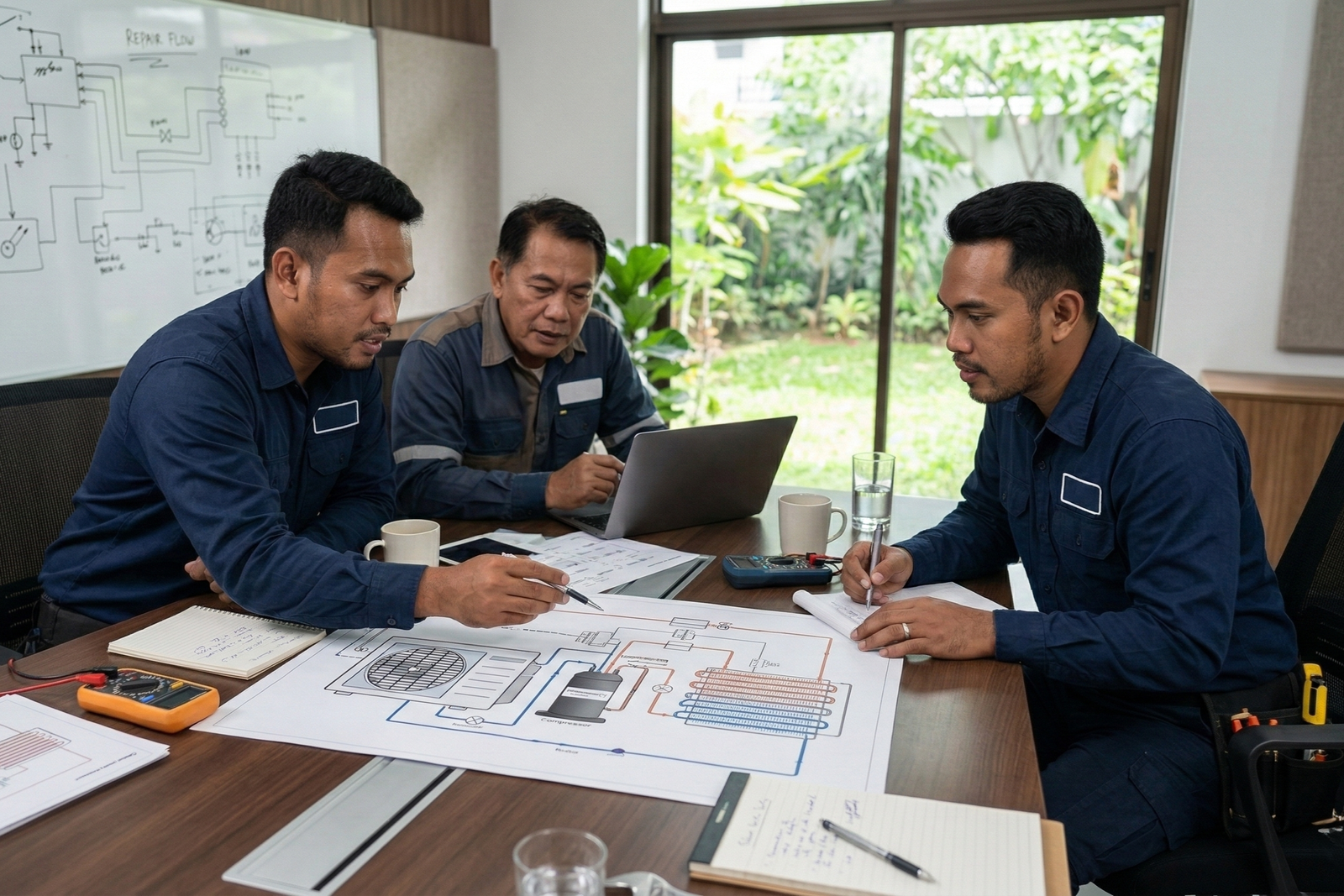 Filipino technicians planning aircon repairs in a meeting.
