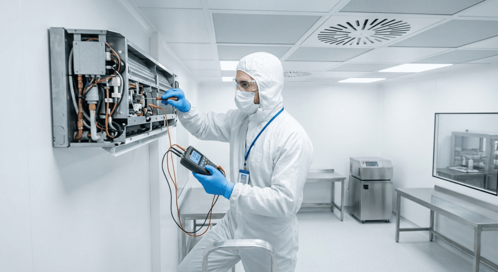 A cleanroom technician in a sterile suit using a multimeter to service a precision AC system.