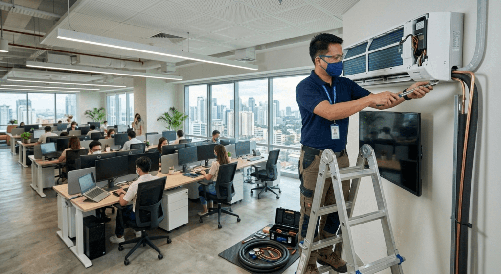 Filipino technician installing an air conditioning unit in a commercial office space.
