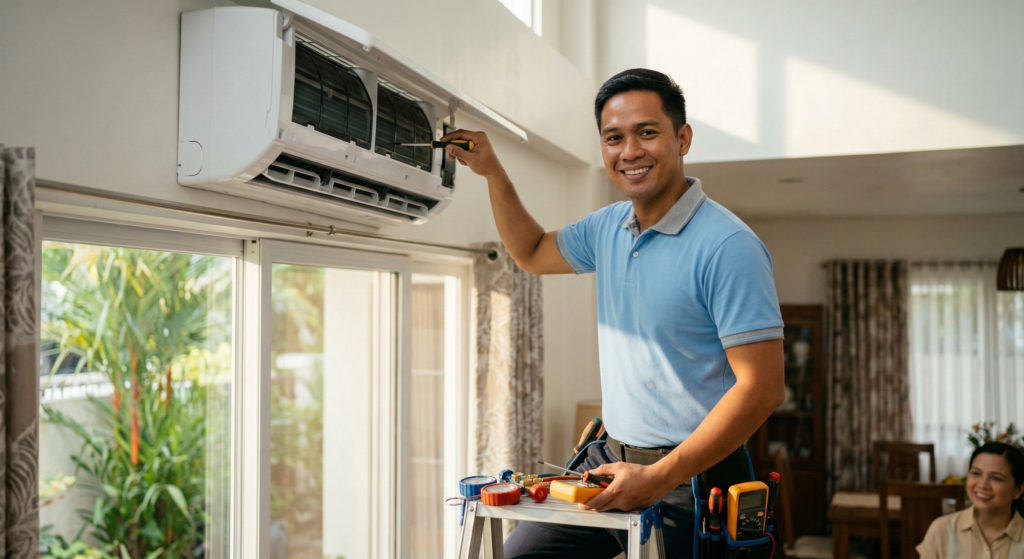 Filipino technician repairing an air conditioning unit in a modern office space.
