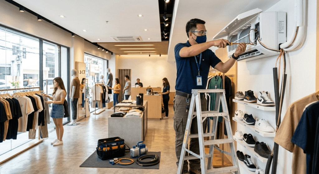 Filipino technician installing an air conditioning unit in a retail store, ensuring customer comfort and efficient operation in a clean, modern commercial space.