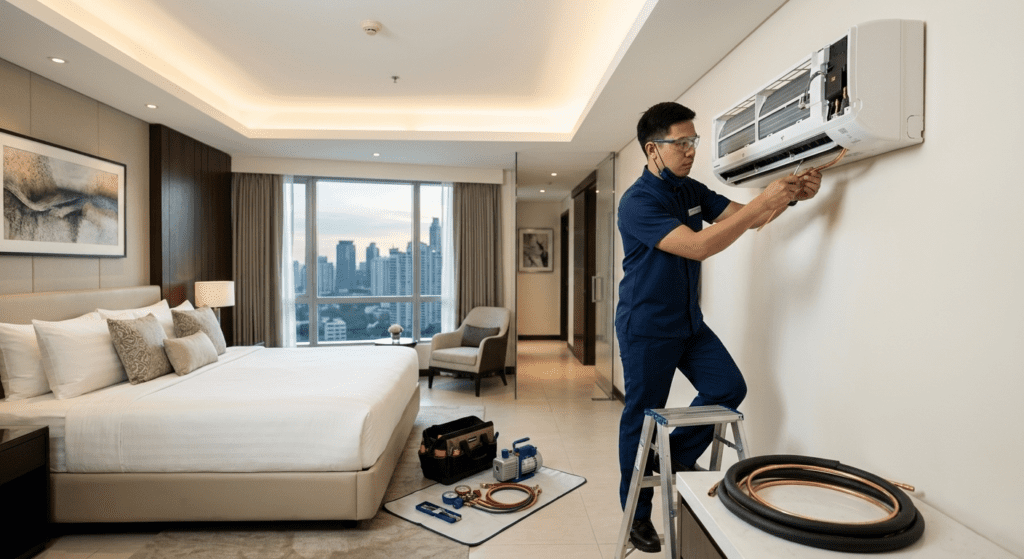 Filipino technician installing an air conditioning unit in a hotel room, ensuring precise and efficient installation for guest comfort in a clean, modern environment.