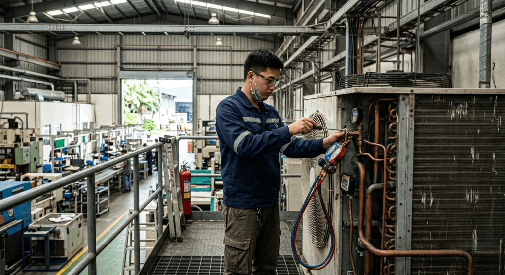 A technician performing industrial HVAC maintenance on a large AC unit in a busy Philippines factory.