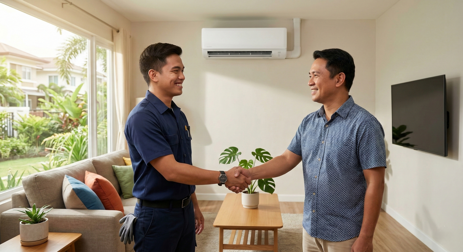 A technician shaking hands with a happy client after completing an air conditioning installation in the Philippines.
