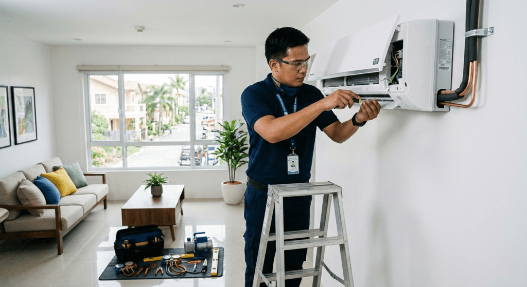 A professional technician installing a split-system air conditioner in a modern residential living room.