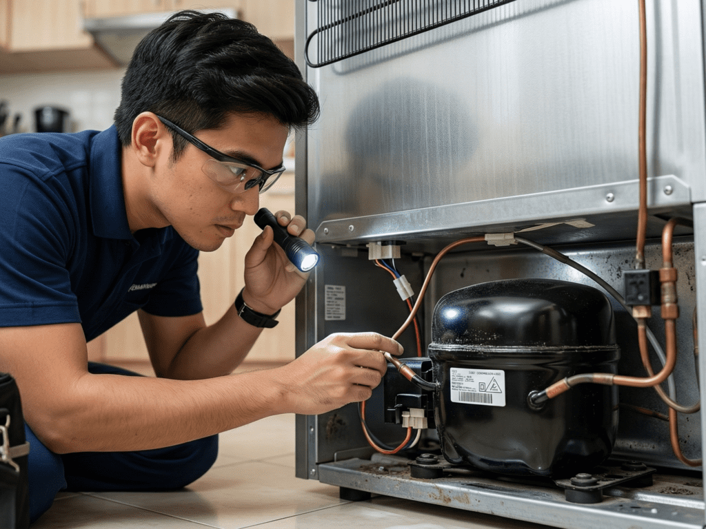 Filipino technician inspecting a refrigerator compressor.