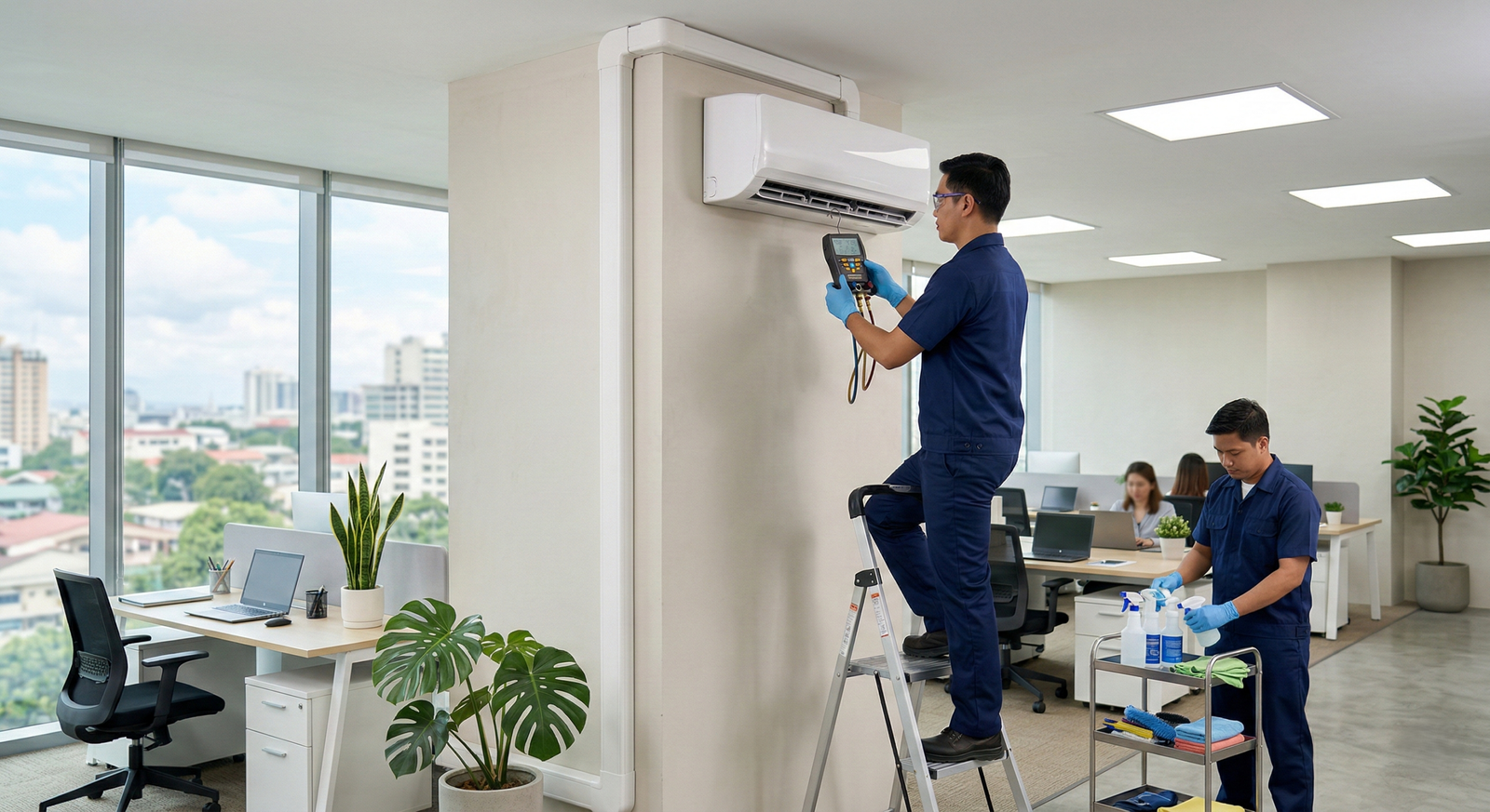 Filipino technician inspecting a wall-mounted aircon unit during professional aircon services inside a modern Philippine office.
