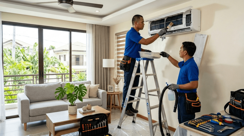 Filipino technicians performing preventive maintenance cleaning on a split-type air conditioner in a modern home during summer.