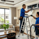 Filipino technicians performing preventive maintenance cleaning on a split-type air conditioner in a modern home during summer.