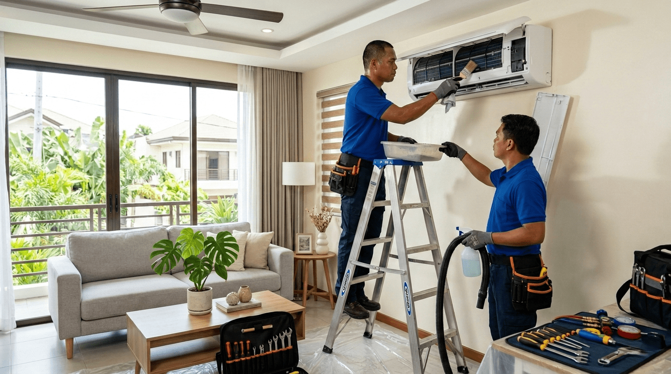 Filipino technicians performing preventive maintenance cleaning on a split-type air conditioner in a modern home during summer.