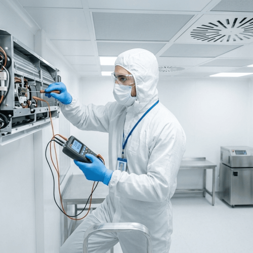 A cleanroom technician in a sterile suit using a multimeter to service a precision AC system.