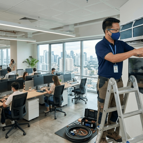Filipino technician installing an air conditioning unit in a commercial office space.