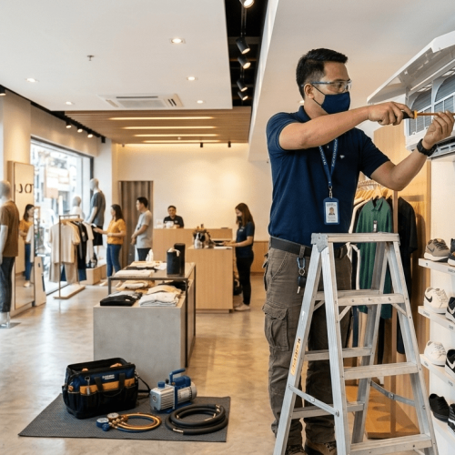 Filipino technician installing an air conditioning unit in a retail store, ensuring customer comfort and efficient operation in a clean, modern commercial space.