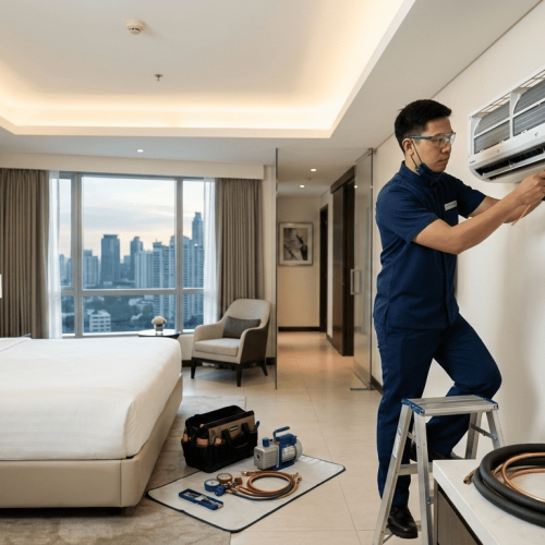 Filipino technician installing an air conditioning unit in a hotel room, ensuring precise and efficient installation for guest comfort in a clean, modern environment.