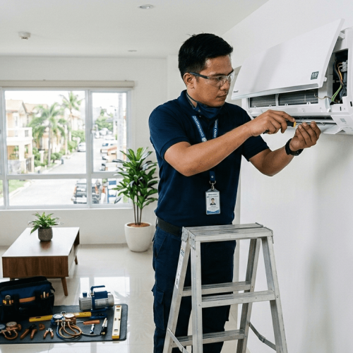 A professional technician installing a split-system air conditioner in a modern residential living room.